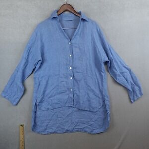 Meo Meli Italy 100% Linen Blue Shirt Tunic Blouse Collared Button Up XL